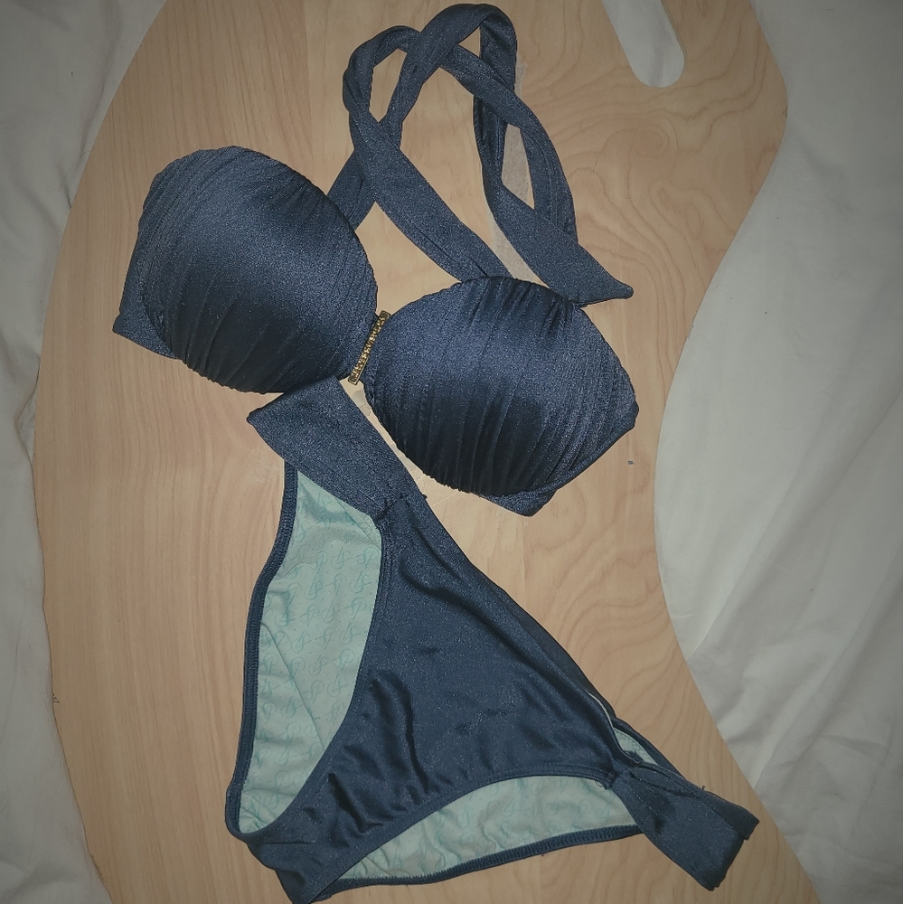 Blue Victorias Secret Strapless Bikini 32B